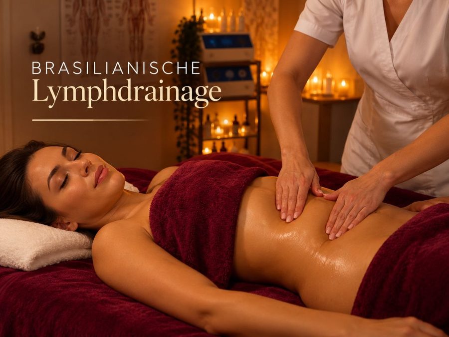 Brasilianische Lymphdrainage: Hände massieren den Bauch einer auf dem Rücken liegenden Frau, die mit dunkelroten Tüchern zugedeckt ist. Oben links der Schriftzug Brasilianische Lymphdrainage.