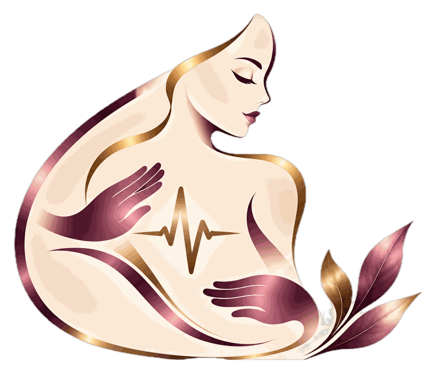 hautimpuls Emblem: Silhouette einer Frau, zwei Hände, Pulslinie und Blätter in Wein und Gold