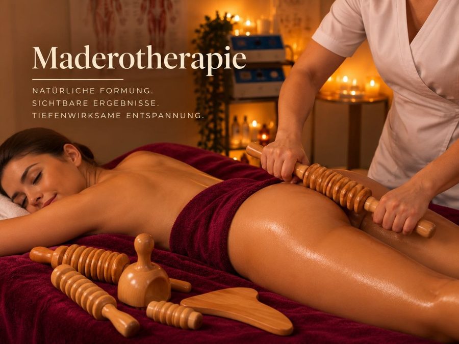 Maderotherapie: Massage mit einer Holzrolle an den Beinen einer auf dem Bauch liegenden Frau, davor weitere Holzwerkzeuge wie Rollen, Glocke und Brett auf einem dunkelroten Tuch. Oben links der Schriftzug Maderotherapie.