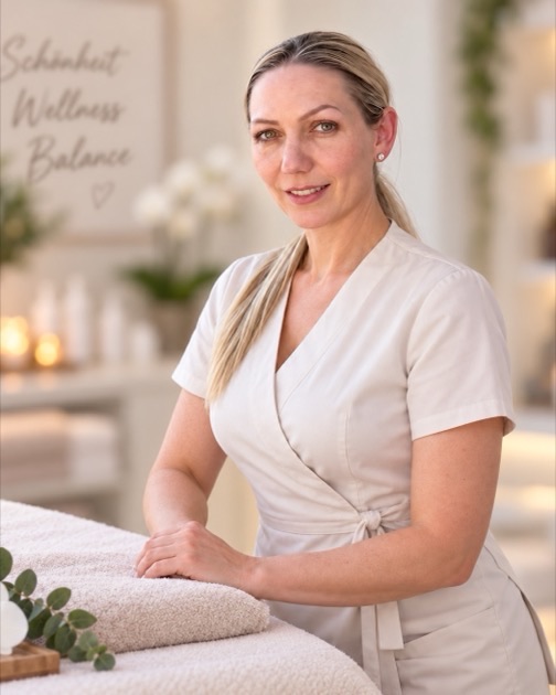 Katy in heller Arbeitskleidung an einer Behandlungsliege, daneben ein gerolltes Tuch und eine Orchidee.