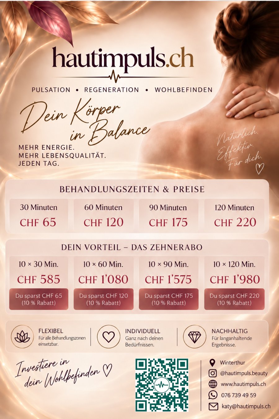 Preisliste von hautimpuls als Flyer: 30 Minuten CHF 65, 60 Minuten CHF 120, 90 Minuten CHF 175, 120 Minuten CHF 220, dazu das Zehnerabo mit 10 % Rabatt und ein QR-Code für WhatsApp.