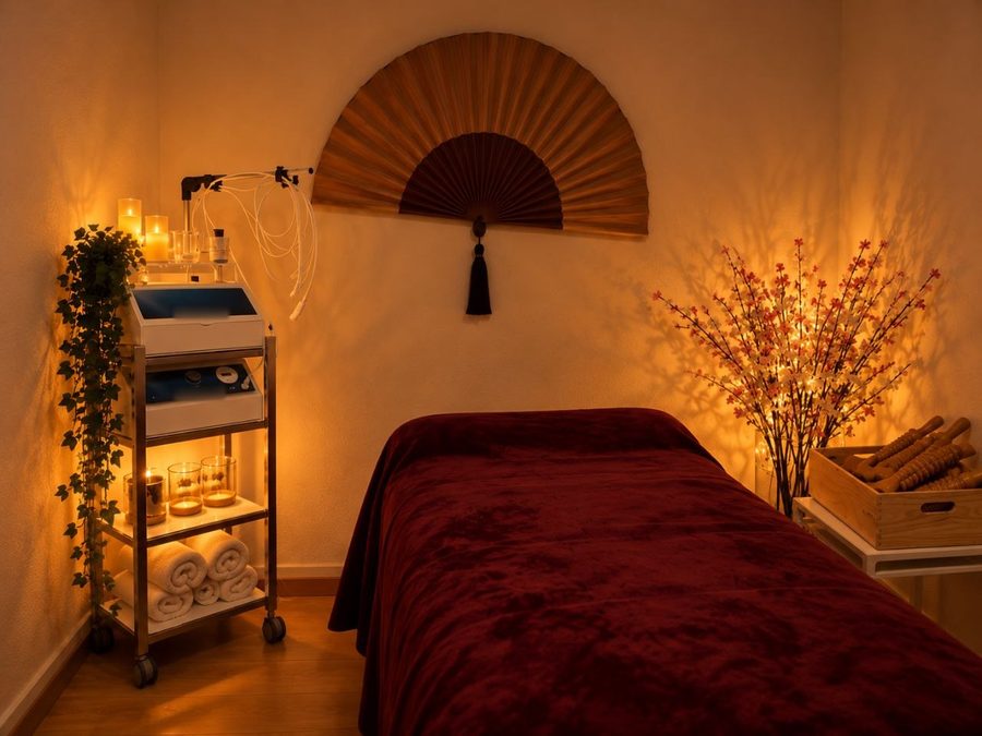 Behandlungsraum von hautimpuls in warmem Kerzenlicht: die Behandlungsliege mit dunkelroter Decke, darüber ein grosser Fächer an der Wand. Rechts ein beleuchteter Blütenzweig und eine Holzkiste mit den Massagehölzern für die Maderotherapie, Rollen mit Rillen. Links ein Rollwagen mit Kerzen und gerollten Handtüchern.