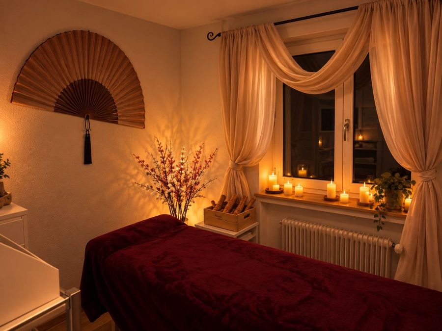 Behandlungsraum am Abend: die Behandlungsliege mit dunkelroter Decke vor einem Fenster mit hellen Vorhängen, auf dem Fensterbrett brennen Kerzen. An der Wand ein Fächer, darunter ein Blütenzweig und eine Holzkiste mit Massagehölzern.